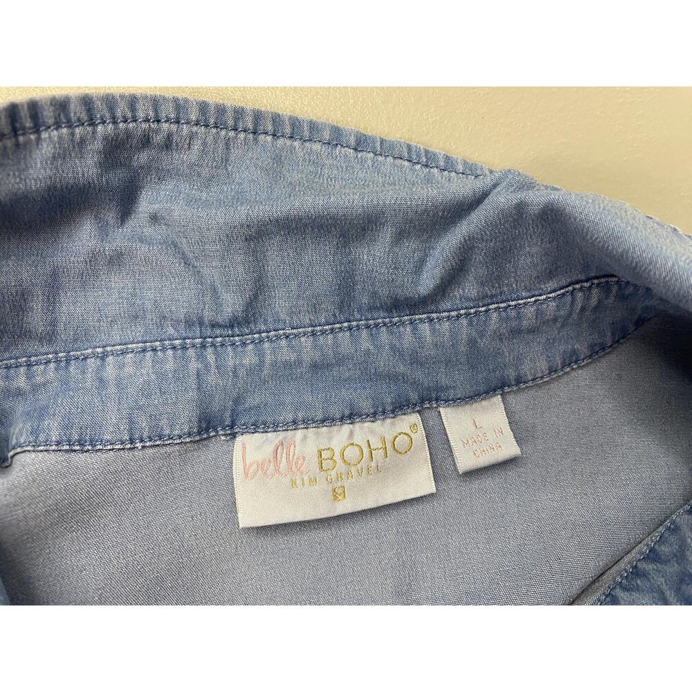 Belle BOHO Kim Gravel Chambray Dress Large Blue Denim Tiered Pockets Ruffle - Picture 12 of 13